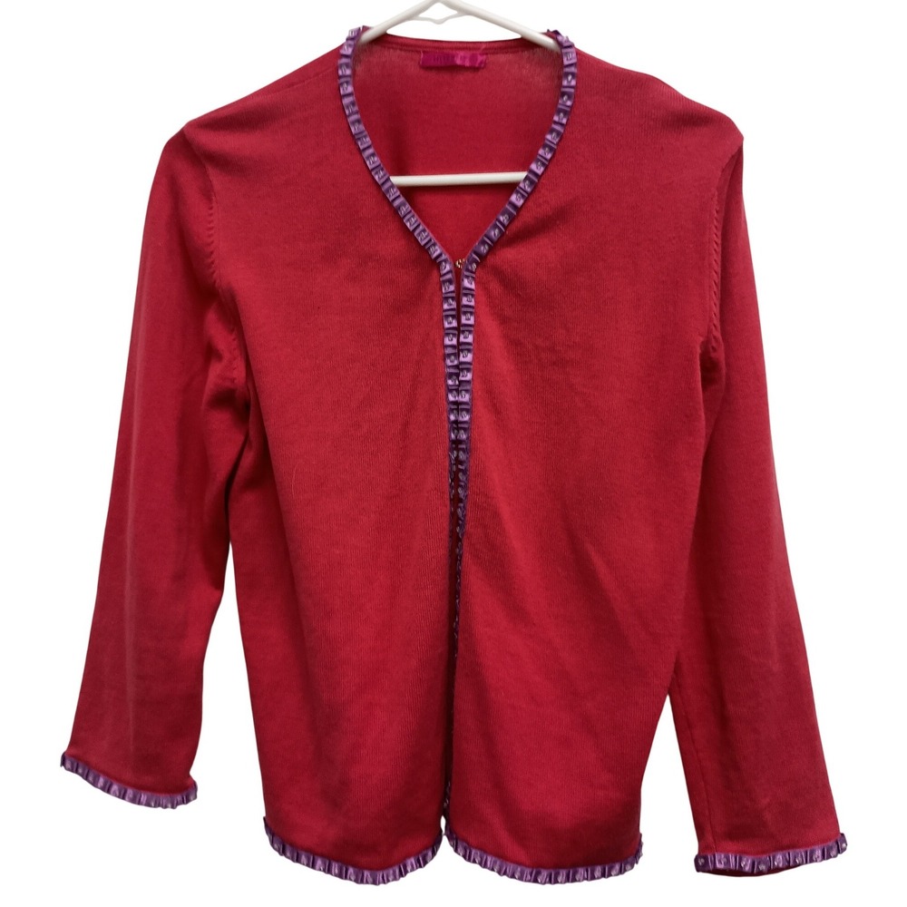 VTG Luisa Spagnoli Cardigan Sweater Womens Medium Red Purple Trim Wool Silk